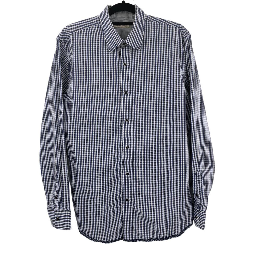 Paradise Collection Blue White Gingham Plaid Snap Button Long Sleeve Shirt Top